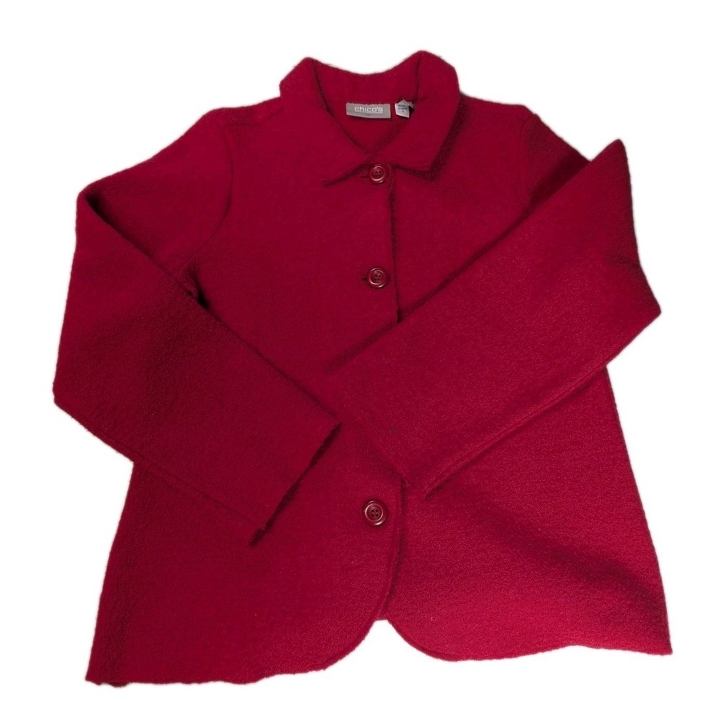 Chico's 100% Wool Red Knit Blazer Jacket - Size 1 (Medium)